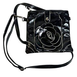 Mellow World Black and White Patent Rose Flower Crossbody Bag